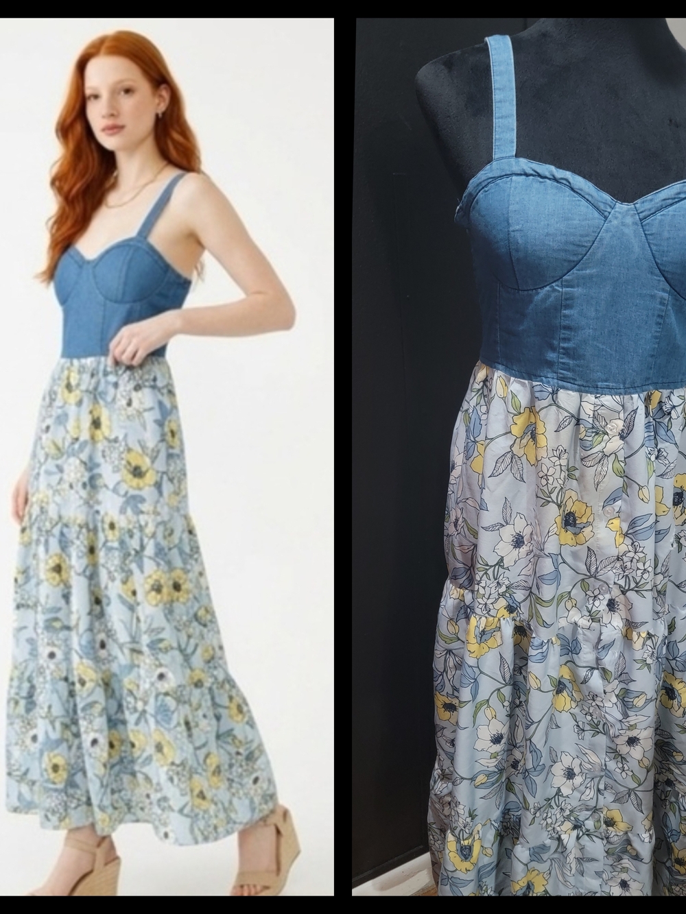 Sleeveless Blue Denim-Bodice Floral Maxi Dress